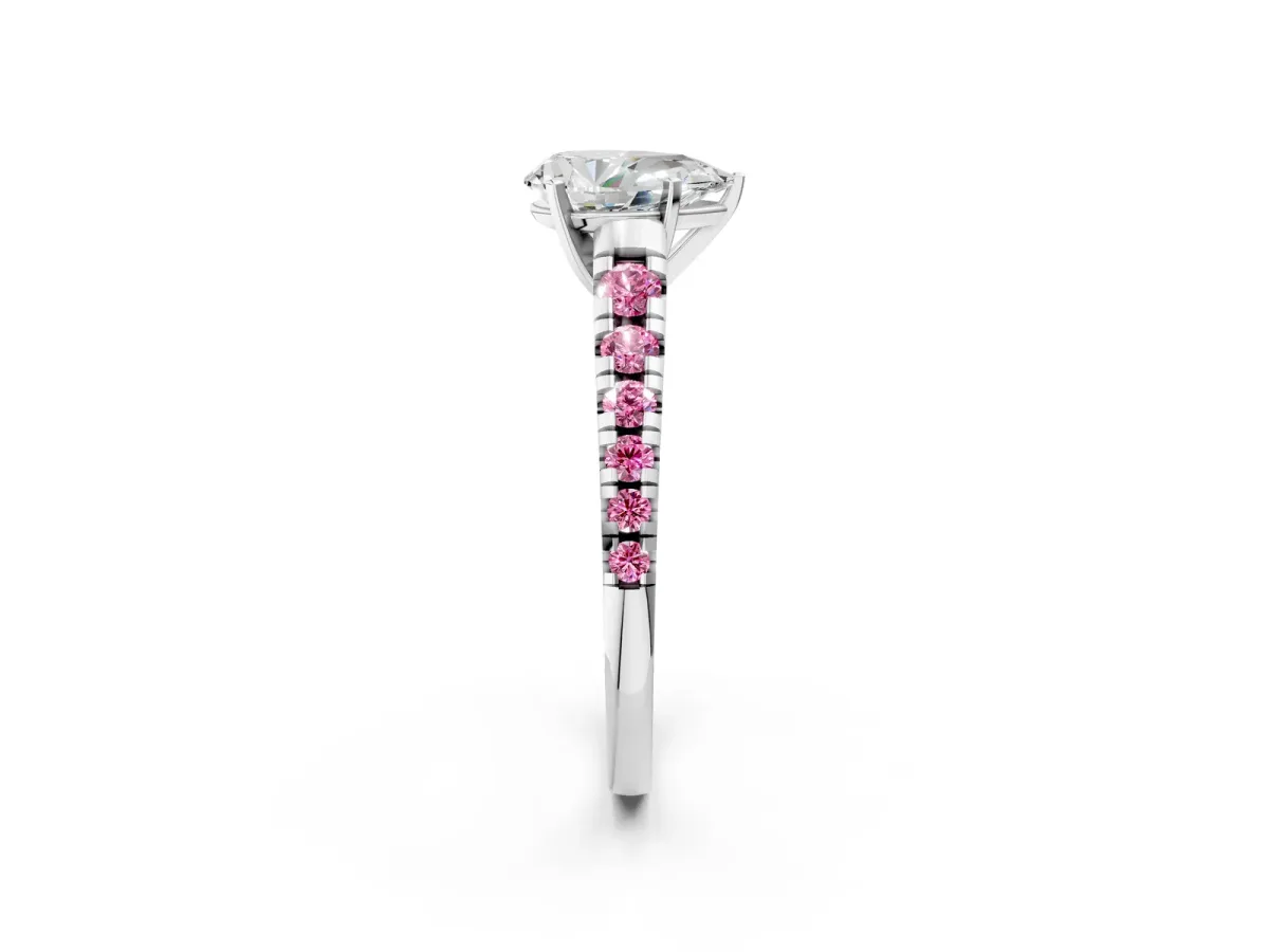 Pear Cut Diamond Cathedral Solitaire Ring with Round Pink Sapphire Pavé Band Platinum