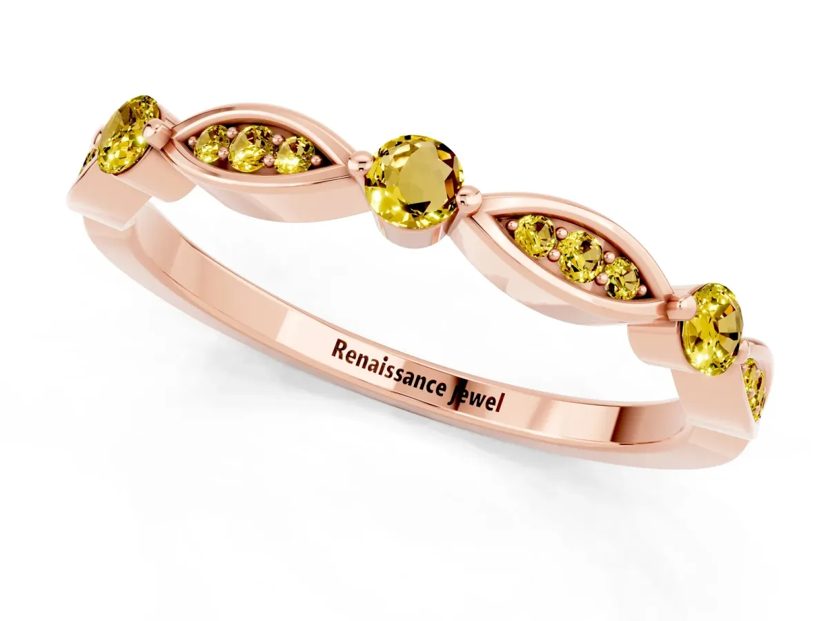 Marquise and Round Yellow Sapphire Milgrain Band with Bezel Setting Rose gold