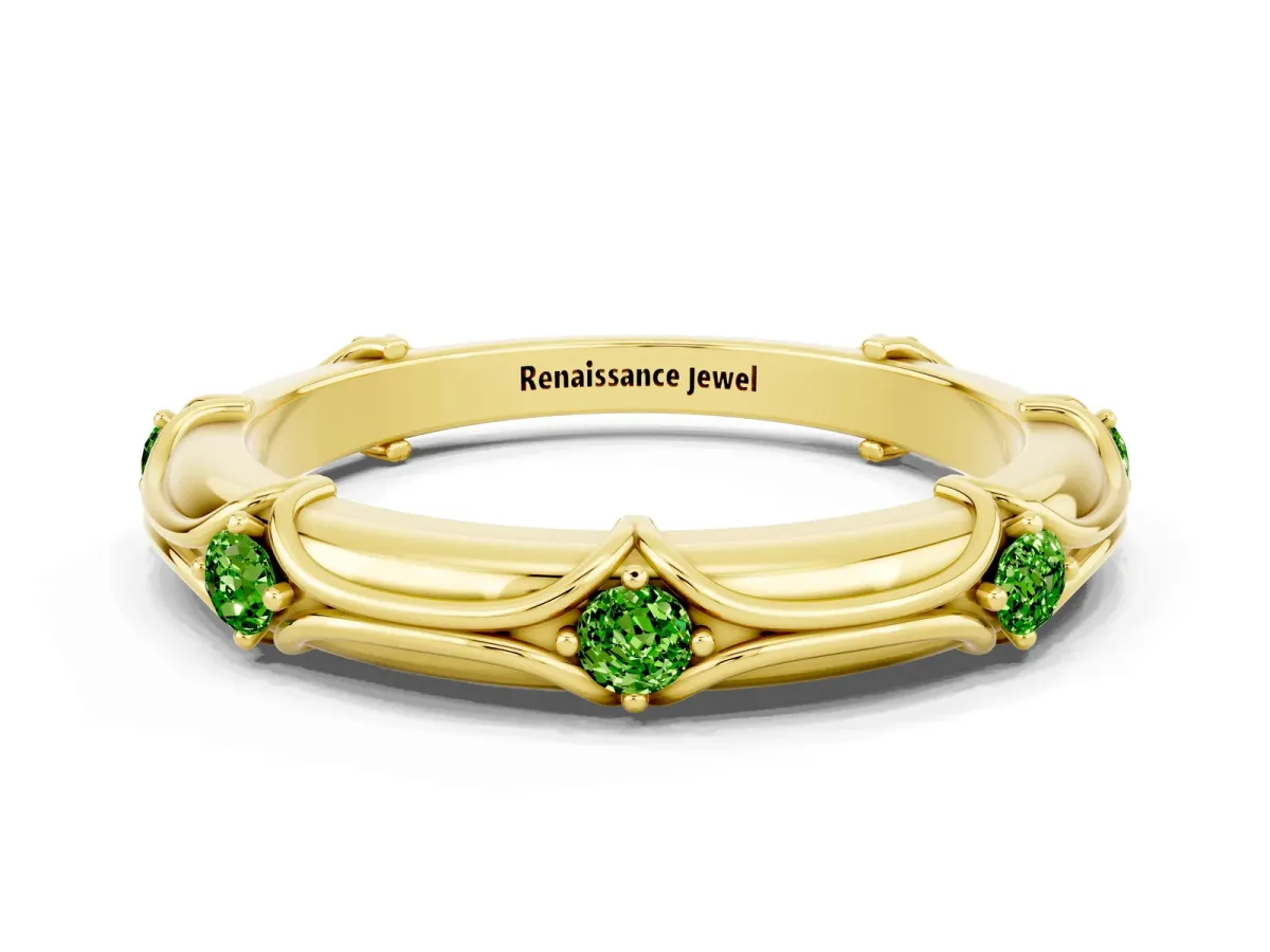 Round Peridot Prong Set Milgrain Eternity Band Yellow gold