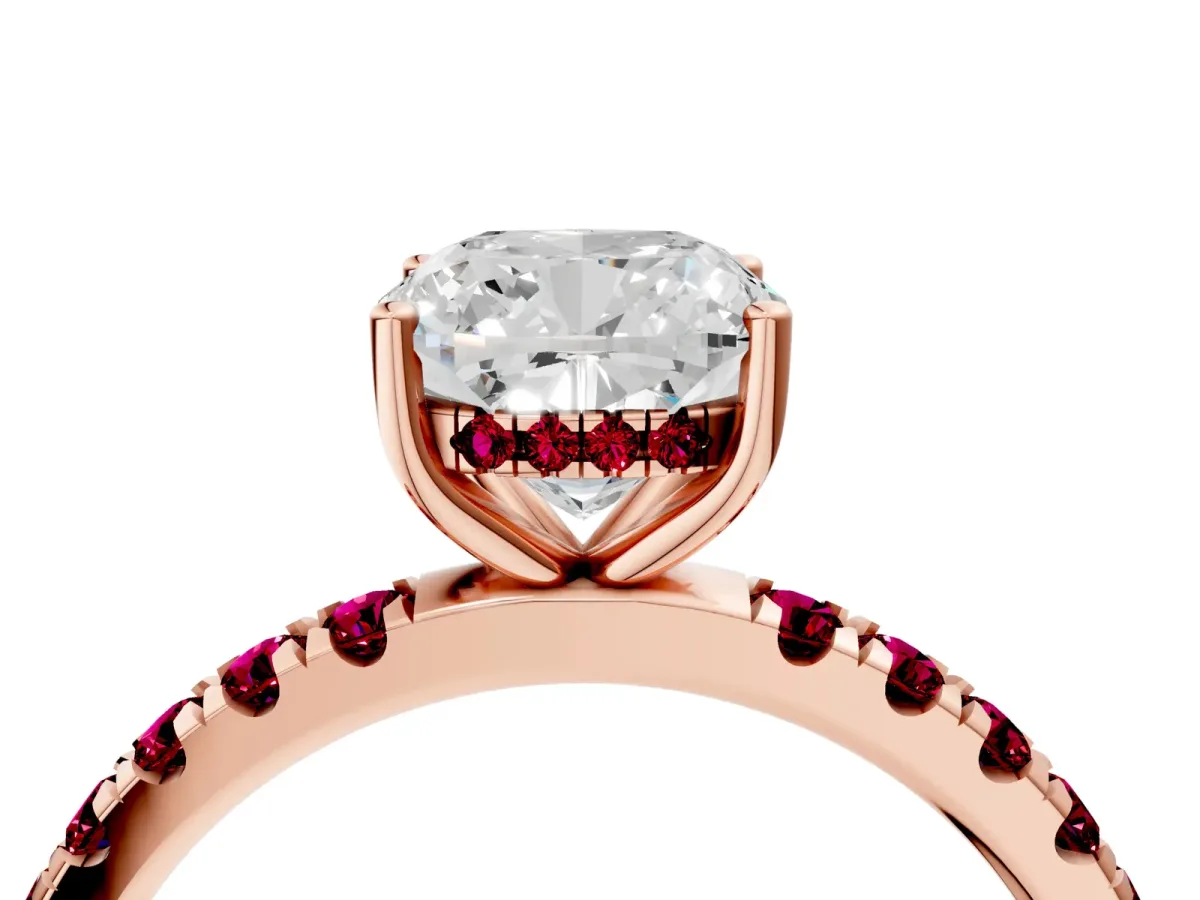 Cushion Cut Diamond Pave Band Solitaire Ring with Round Garnet and Prong Setting Rose gold