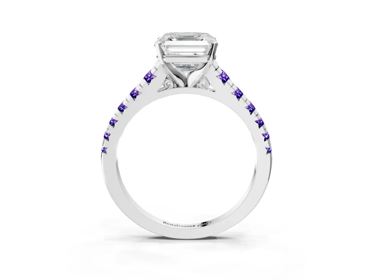 Asscher Cut Diamond Cathedral Solitaire Ring with Round Tanzanite Pavé Band Platinum