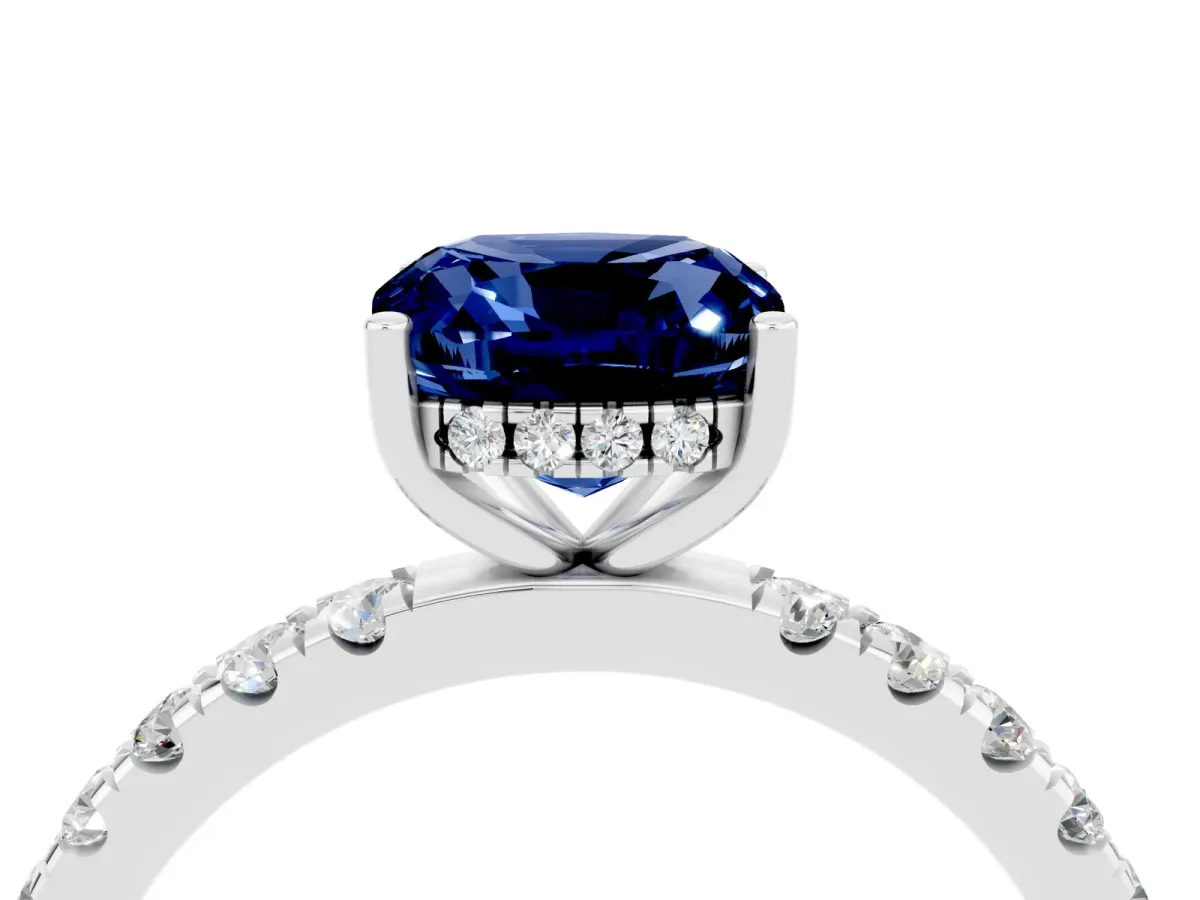 Cushion Cut Blue Sapphire Pave Band Solitaire Ring with Round and Prong Setting Platinum