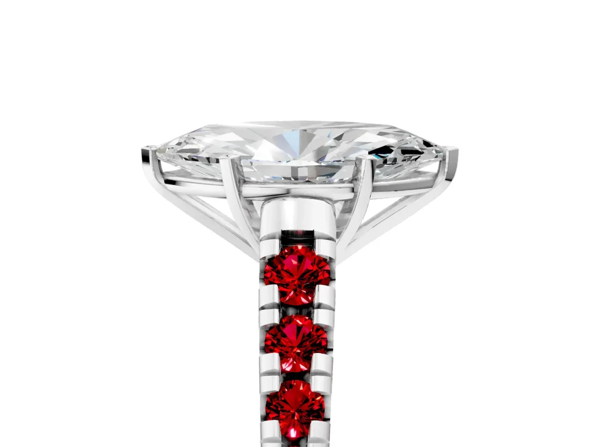 Marquise Cut Diamond Cathedral Solitaire Ring with Round Ruby Pavé Band White gold