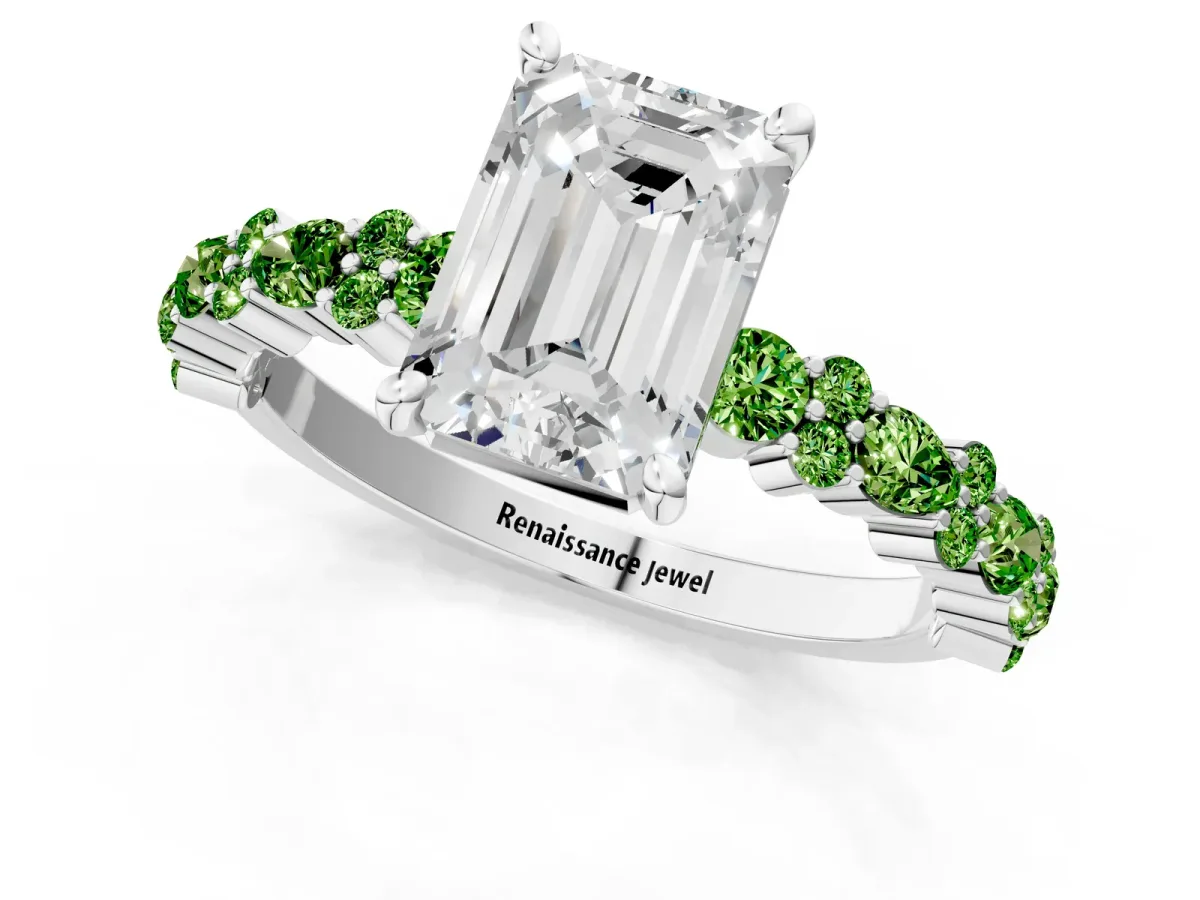 Emerald Cut Diamond Side Stone Solitaire Ring with Round Peridot and Four-Prong Setting Silver