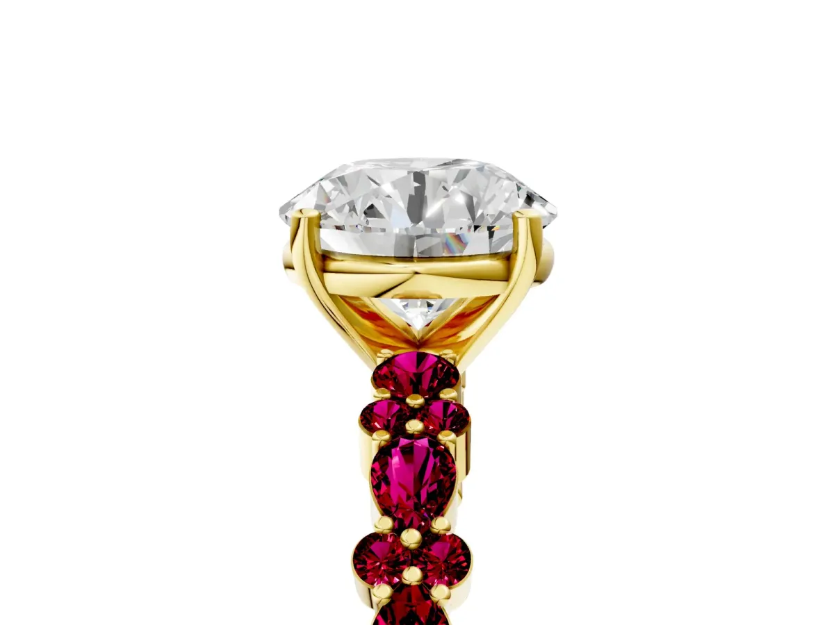 Round Cut Diamond Side Stone Solitaire Ring with Round Garnet and Four-Prong Setting Yellow gold