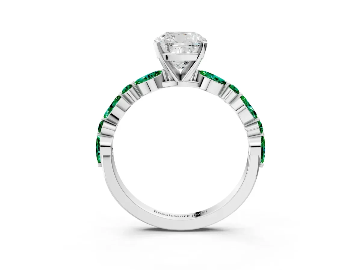 Cushion Cut Diamond Ring with Marquise and Round Emerald Side Stones and Four-Prong Setting Silver