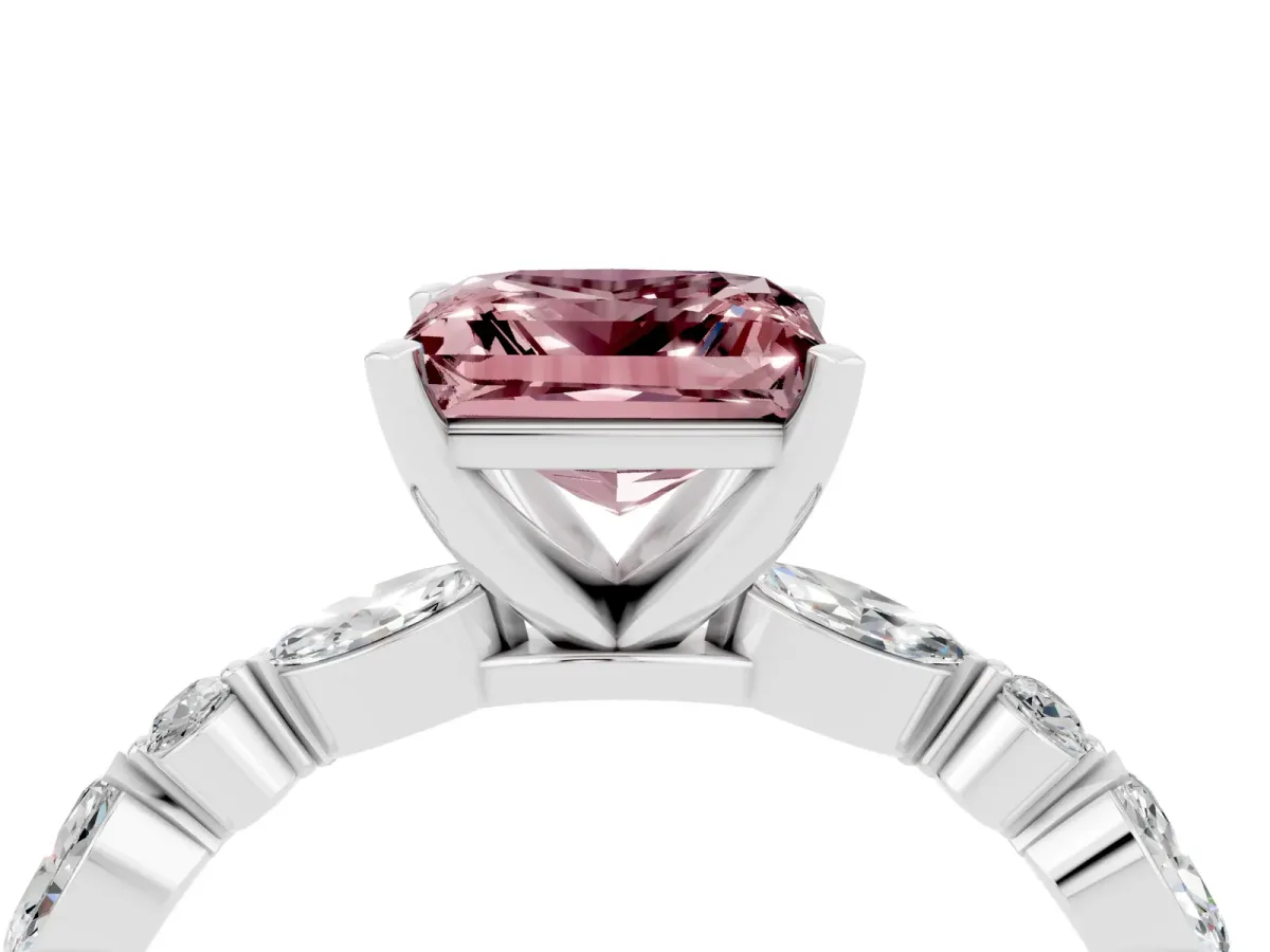 Princess Cut Morganite Ring with Marquise and Round Side Stones and Four-Prong Setting Silver