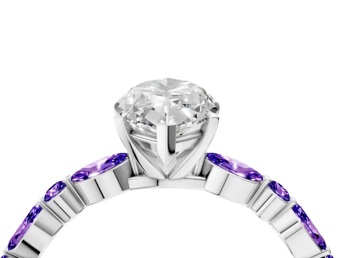 Marquise Cut Diamond Ring with Marquise and Round Tanzanite Side Stones and Four-Prong Setting Platinum