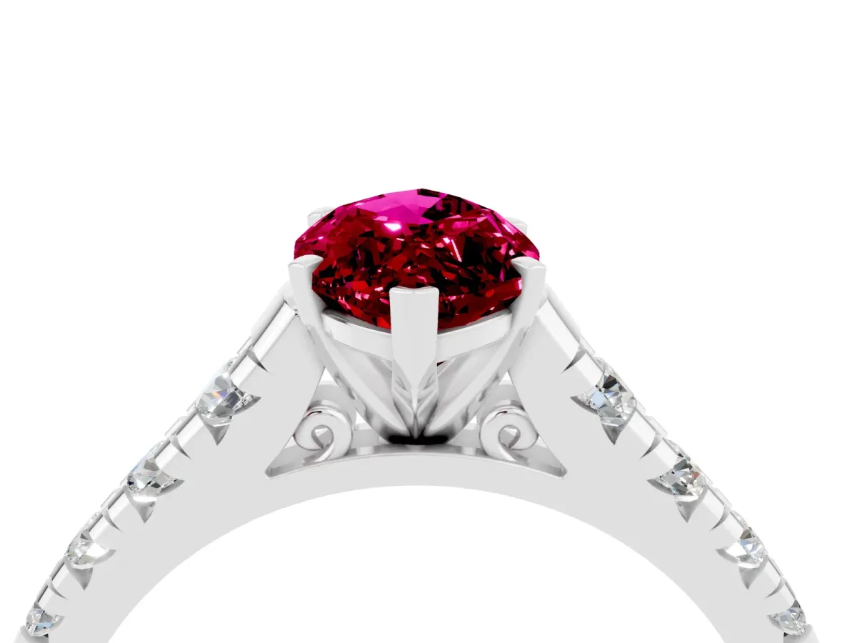 Marquise Cut Garnet Cathedral Solitaire Ring with Round Pavé Band White gold