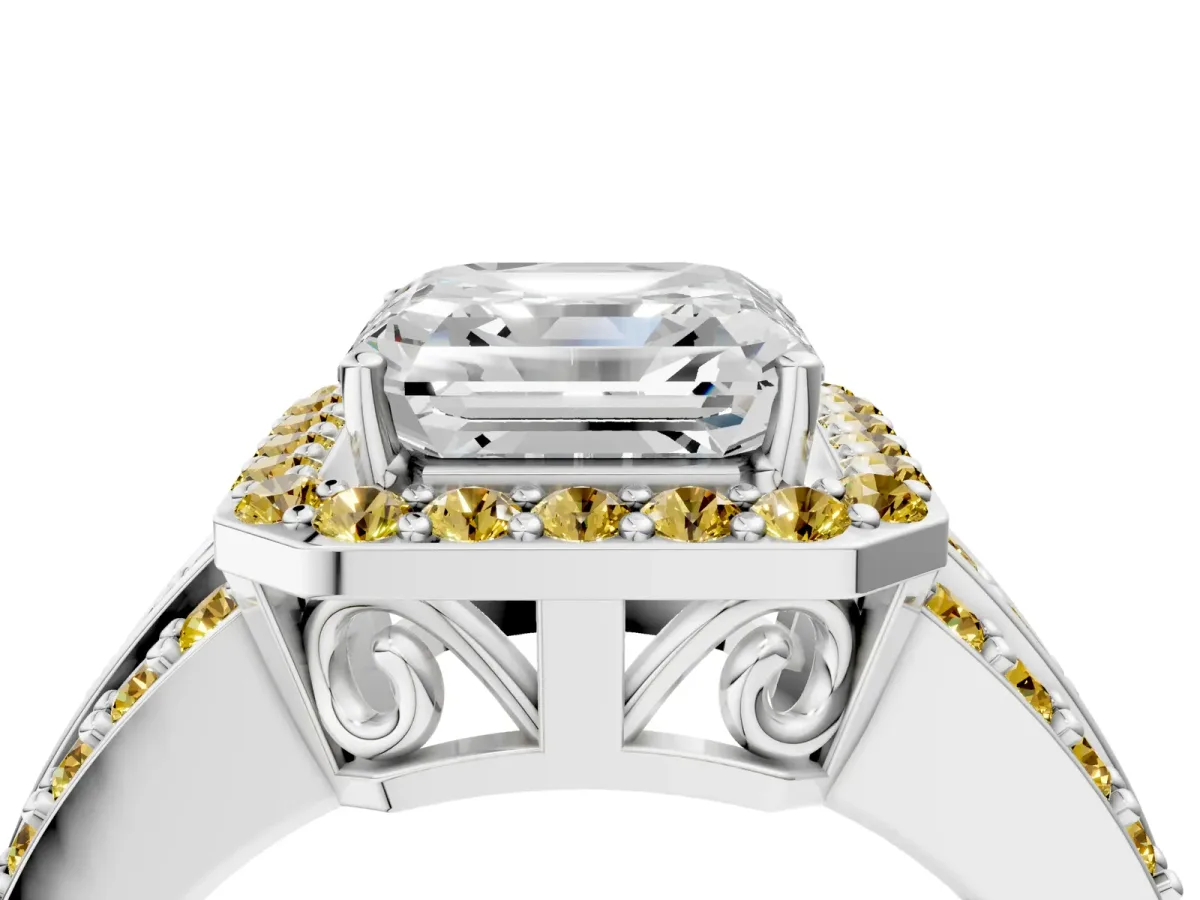 Asscher Cut Halo Diamond Ring with Round Yellow Sapphire Split Shank and Prong Setting Silver