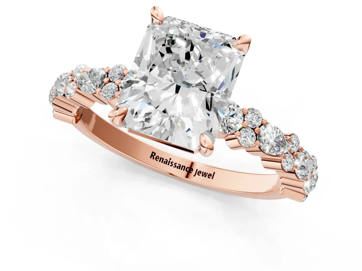 Radiant Cut Diamond Side Stone Solitaire Ring with Round Moissanite and Four-Prong Setting Rose gold