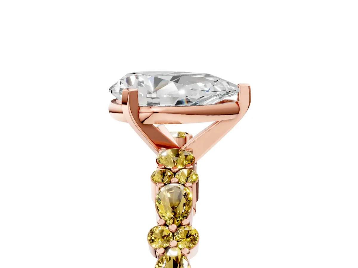 Pear Cut Diamond Side Stone Solitaire Ring with Round Yellow Sapphire and Four-Prong Setting Rose gold