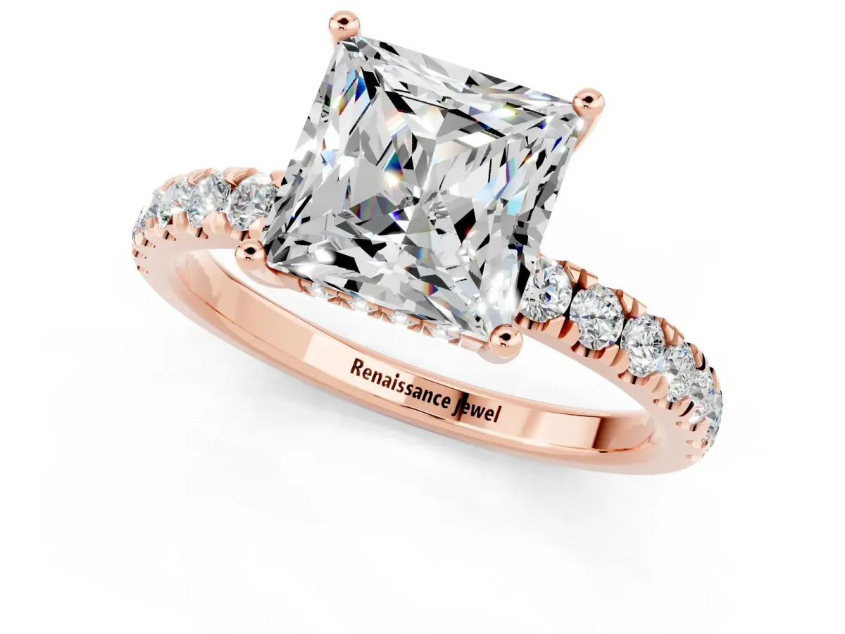 Princess Cut Moissanite Pave Band Solitaire Ring with Round and Prong Setting Rose gold