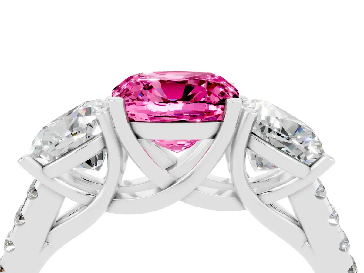 Three-Stone Cushion Cut Pink Sapphire Ring with Round Pavé Band and Prong Setting Platinum