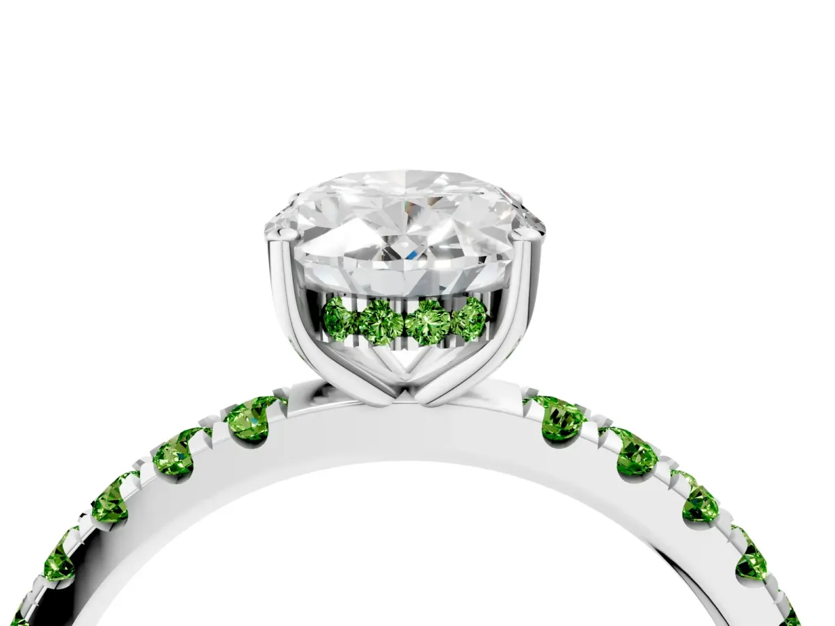 Oval Cut Diamond Pave Band Solitaire Ring with Round Peridot and Prong Setting Platinum