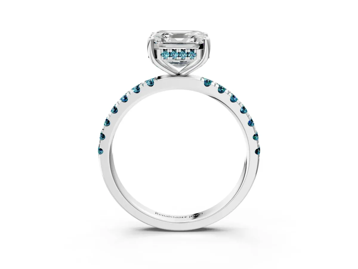 Asscher Cut Diamond Pave Band Solitaire Ring with Round Blue Topaz and Prong Setting Platinum