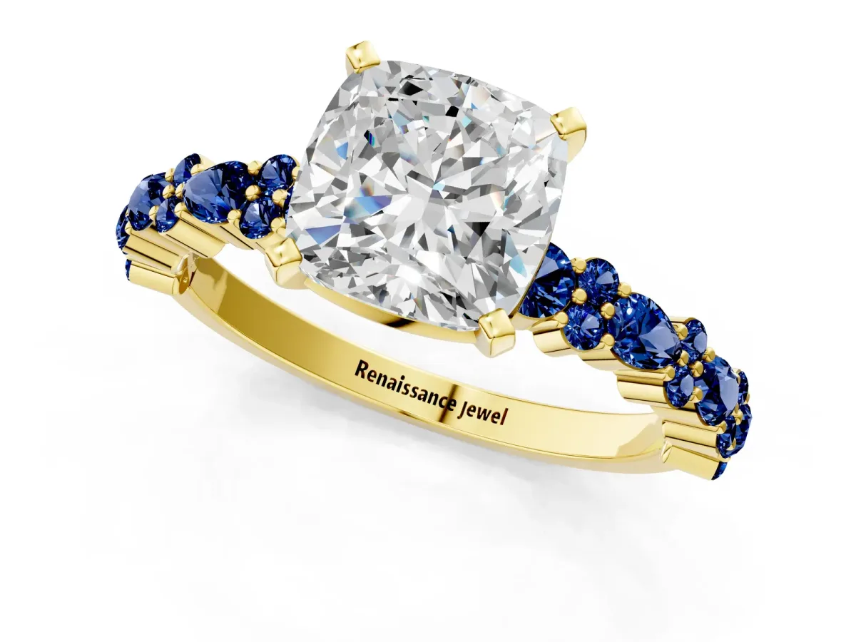 Cushion Cut Diamond Side Stone Solitaire Ring with Round Blue Sapphire and Four-Prong Setting Yellow gold