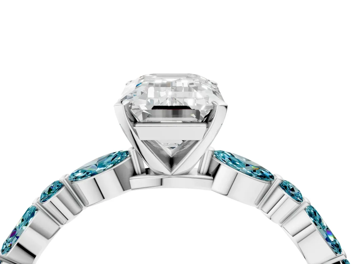 Emerald Cut Diamond Ring with Marquise and Round Blue Topaz Side Stones and Four-Prong Setting Silver