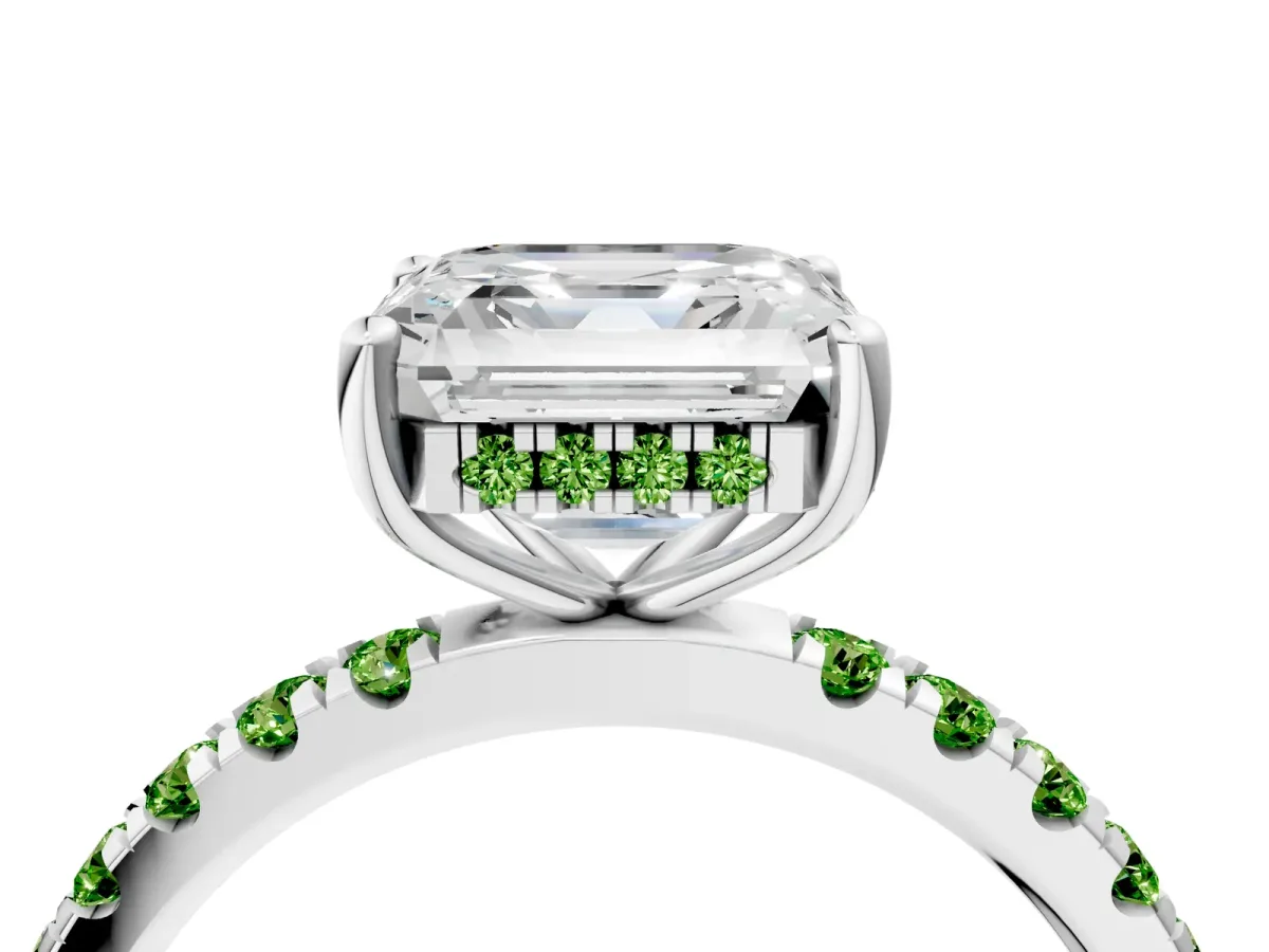 Asscher Cut Diamond Pave Band Solitaire Ring with Round Peridot and Prong Setting White gold