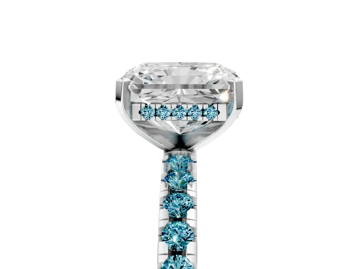 Radiant Cut Diamond Solitaire Ring with Round Blue Topaz Pavé Band and Four-Prong Setting Silver