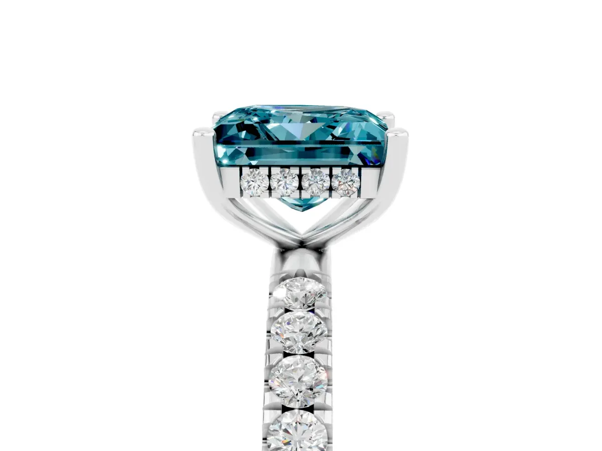 Princess Cut Blue Topaz Pave Band Solitaire Ring with Round and Prong Setting Platinum