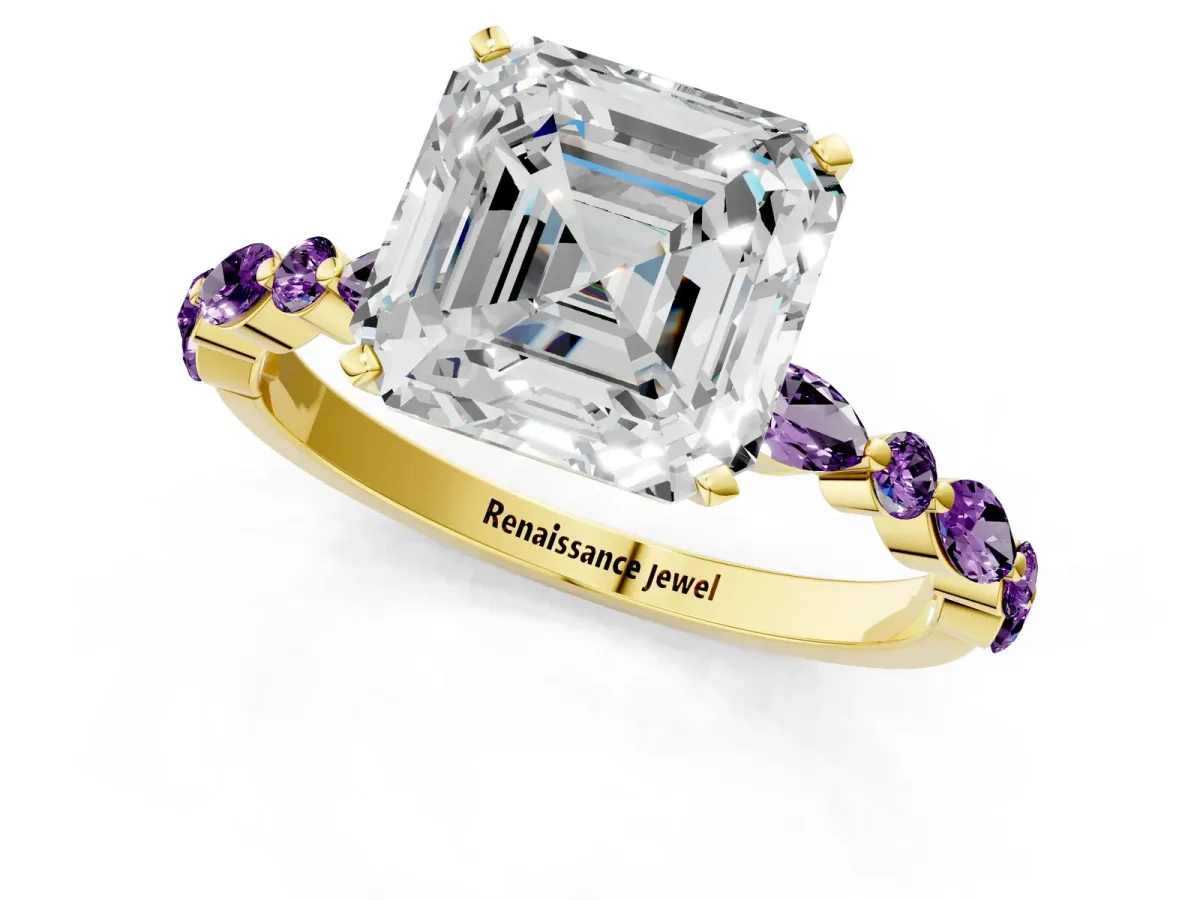 Asscher Cut Diamond Ring with Marquise and Round Amethyst Side Stones and Four-Prong Setting Yellow gold