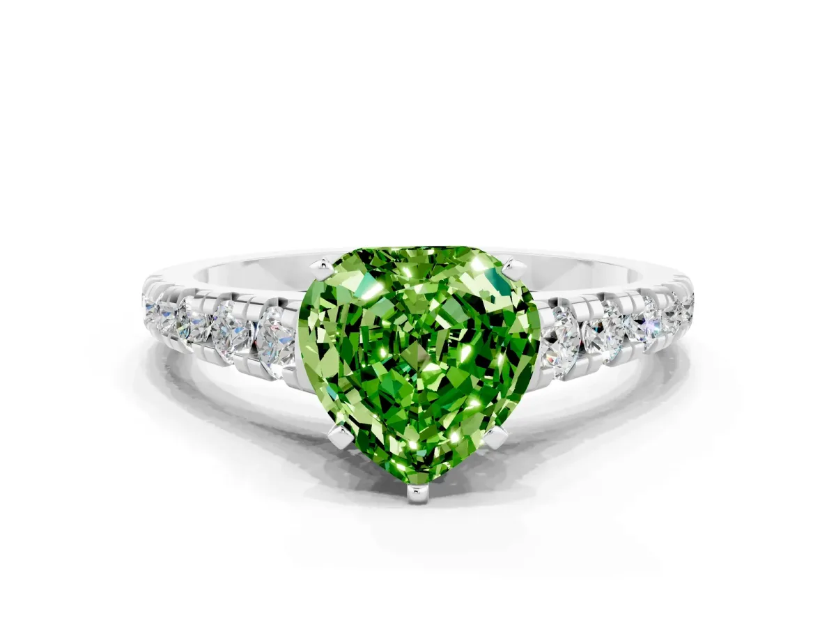 Heart Cut Peridot Cathedral Solitaire Ring with Round Pavé Band White gold