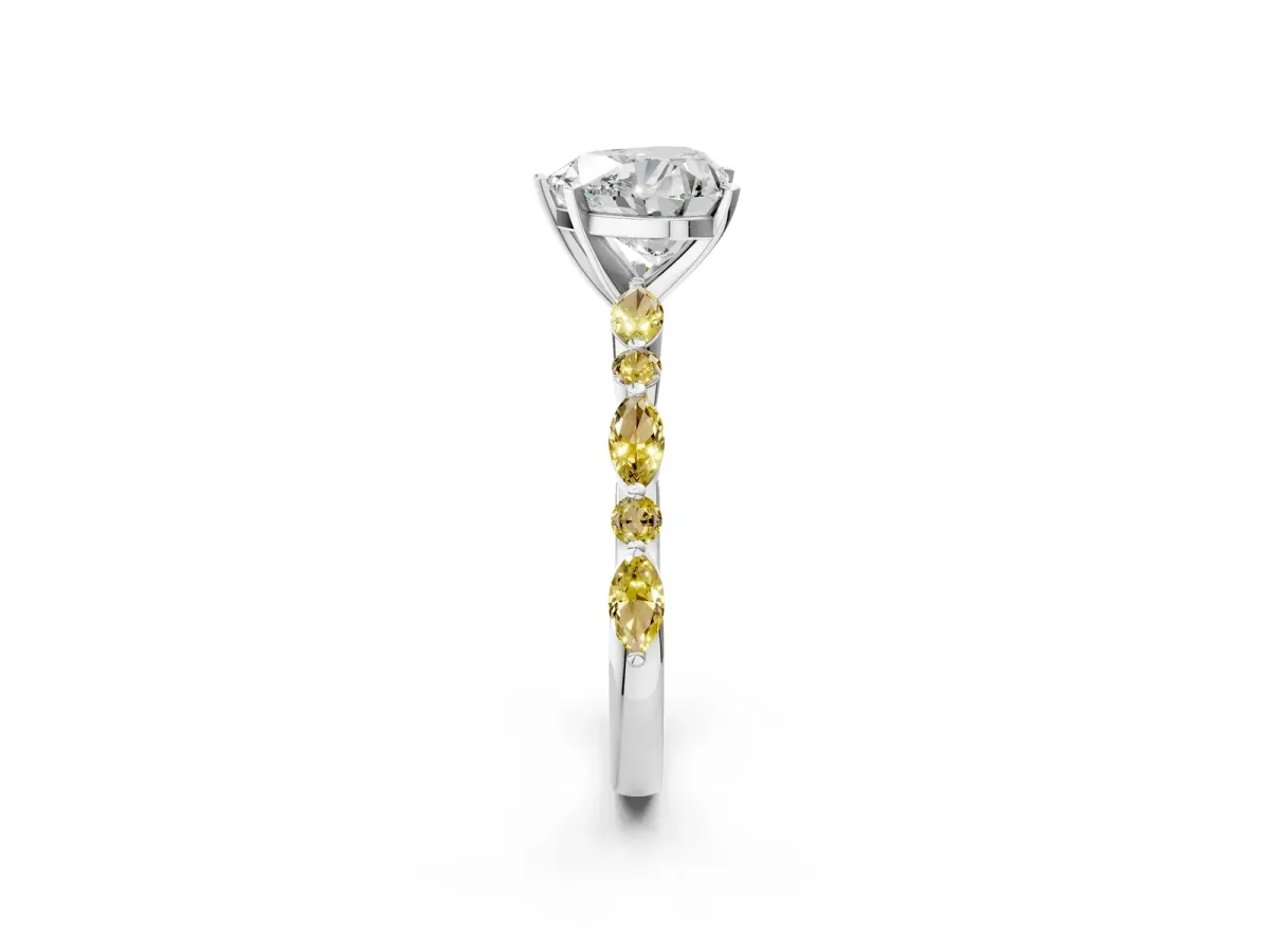 Heart Cut Diamond Ring with Marquise and Round Yellow Sapphire Side Stones and Four-Prong Setting Silver