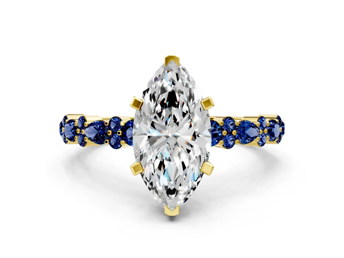 Marquise Cut Diamond Side Stone Solitaire Ring with Round Blue Sapphire and Four-Prong Setting Yellow gold
