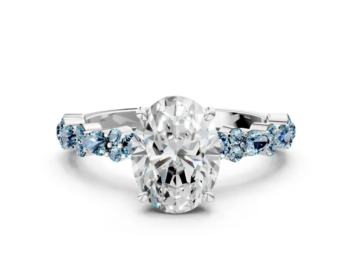 Oval Cut Diamond Side Stone Solitaire Ring with Round Aquamarine and Four-Prong Setting White gold