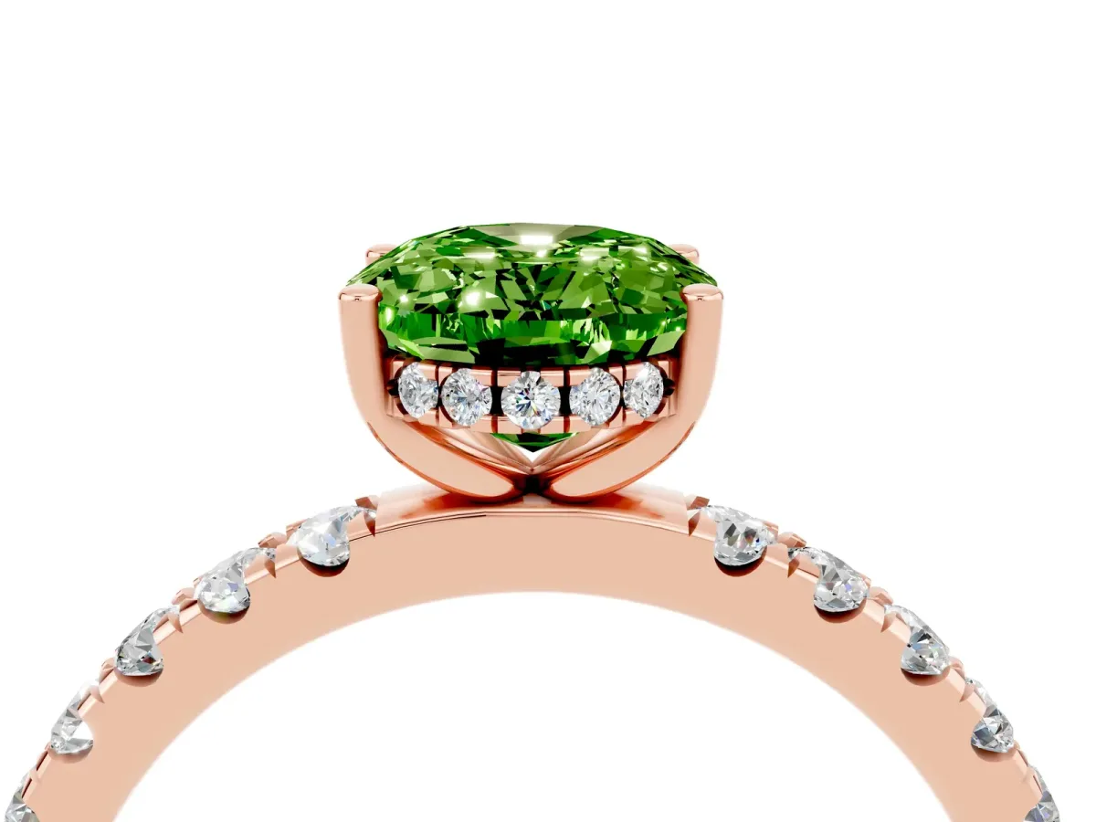 Oval Cut Peridot Pave Band Solitaire Ring with Round and Prong Setting Rose gold