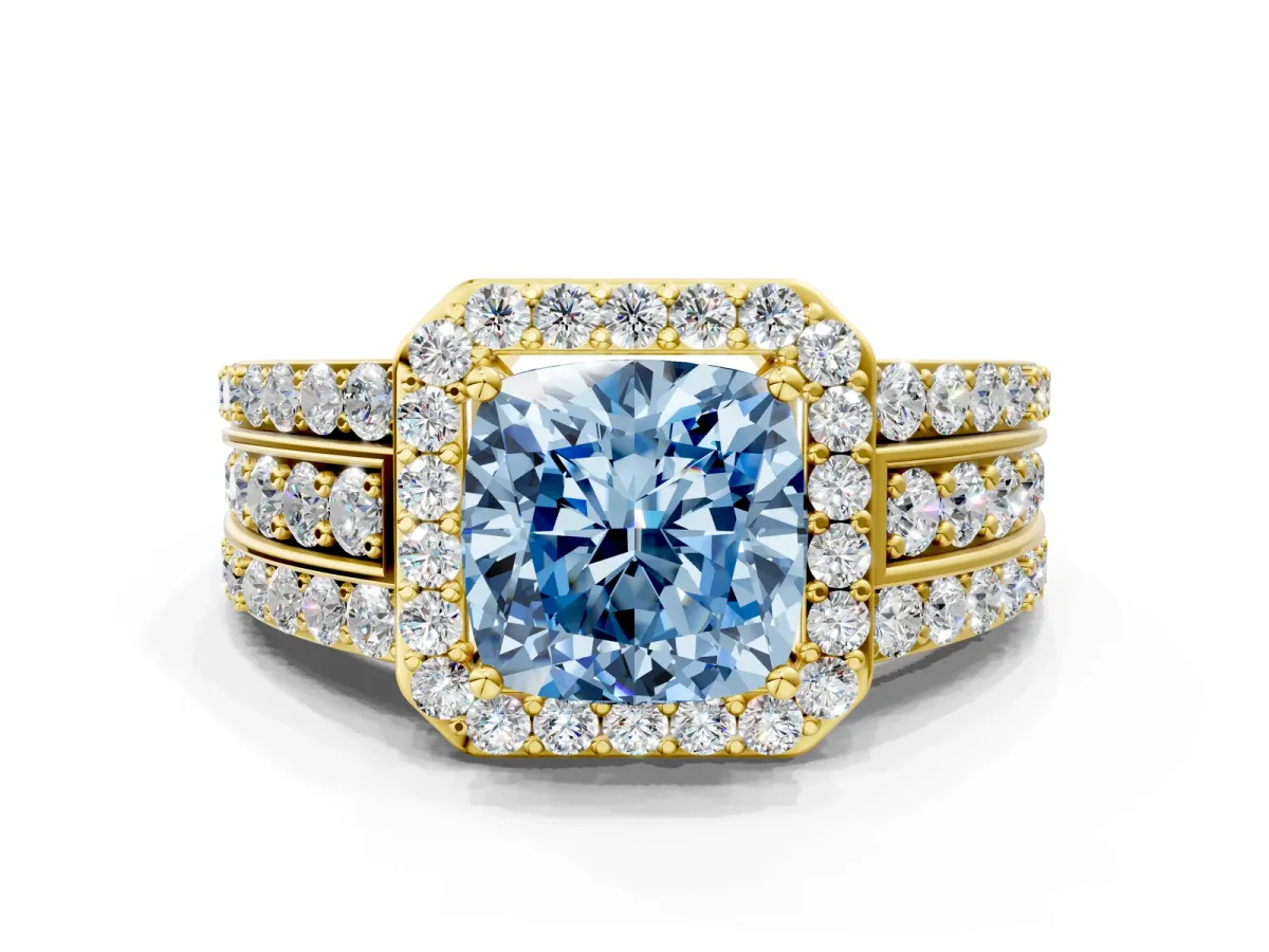 Fancy Blue Cushion Cut Halo Diamond Ring with Round Split Shank and Prong Setting Yellow gold