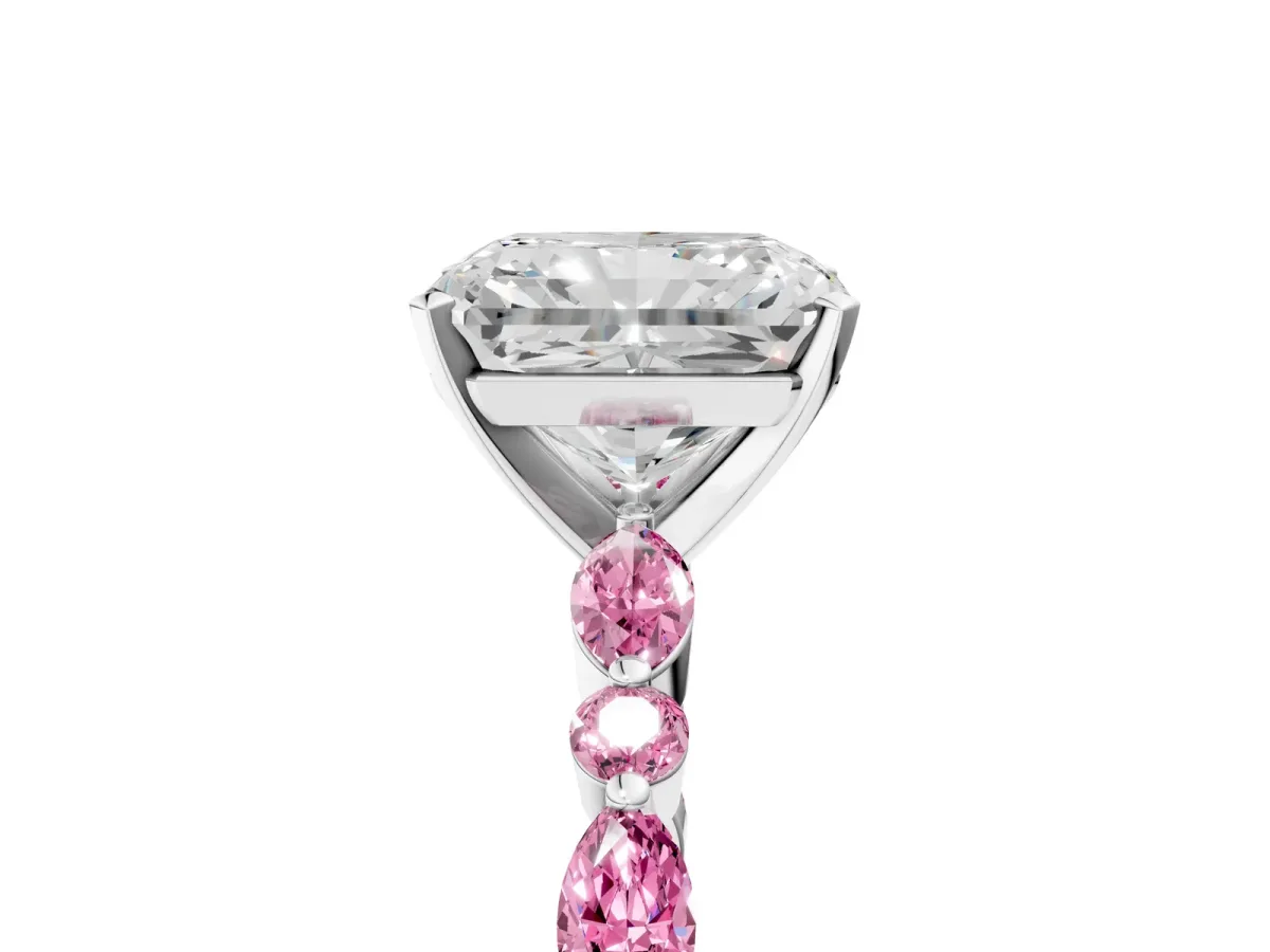 Radiant Cut Diamond Ring with Marquise and Round Pink Sapphire Side Stones and Four-Prong Setting Silver