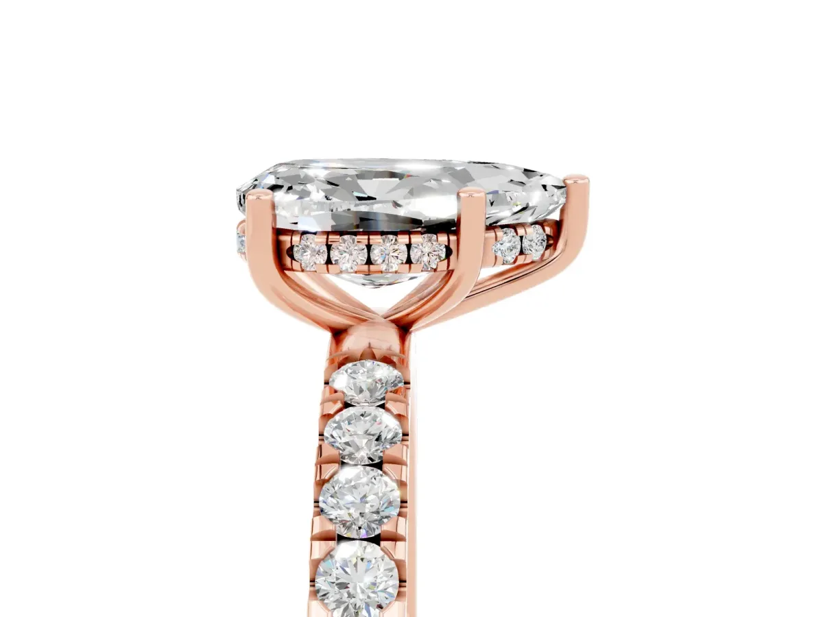 Pear Cut Moissanite Pave Band Solitaire Ring with Round and Prong Setting Rose gold
