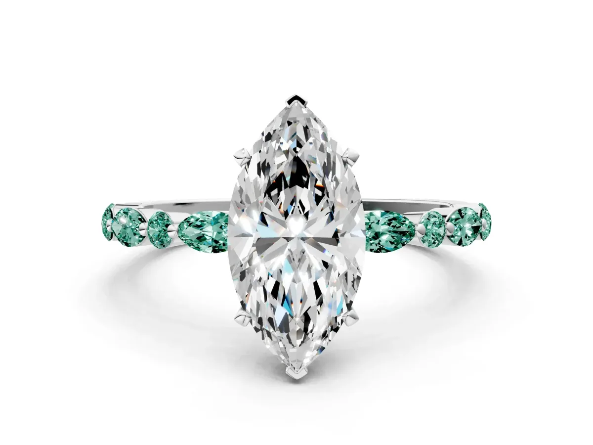 Marquise Cut Diamond Ring with Marquise and Round Green Sapphire Side Stones and Four-Prong Setting Silver