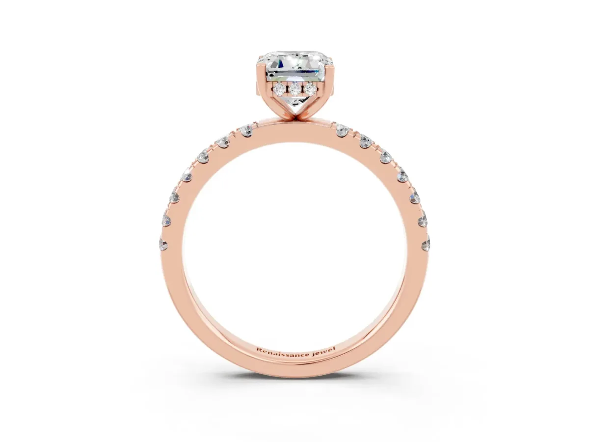 Emerald Cut Moissanite Pave Band Solitaire Ring with Round and Prong Setting Rose gold