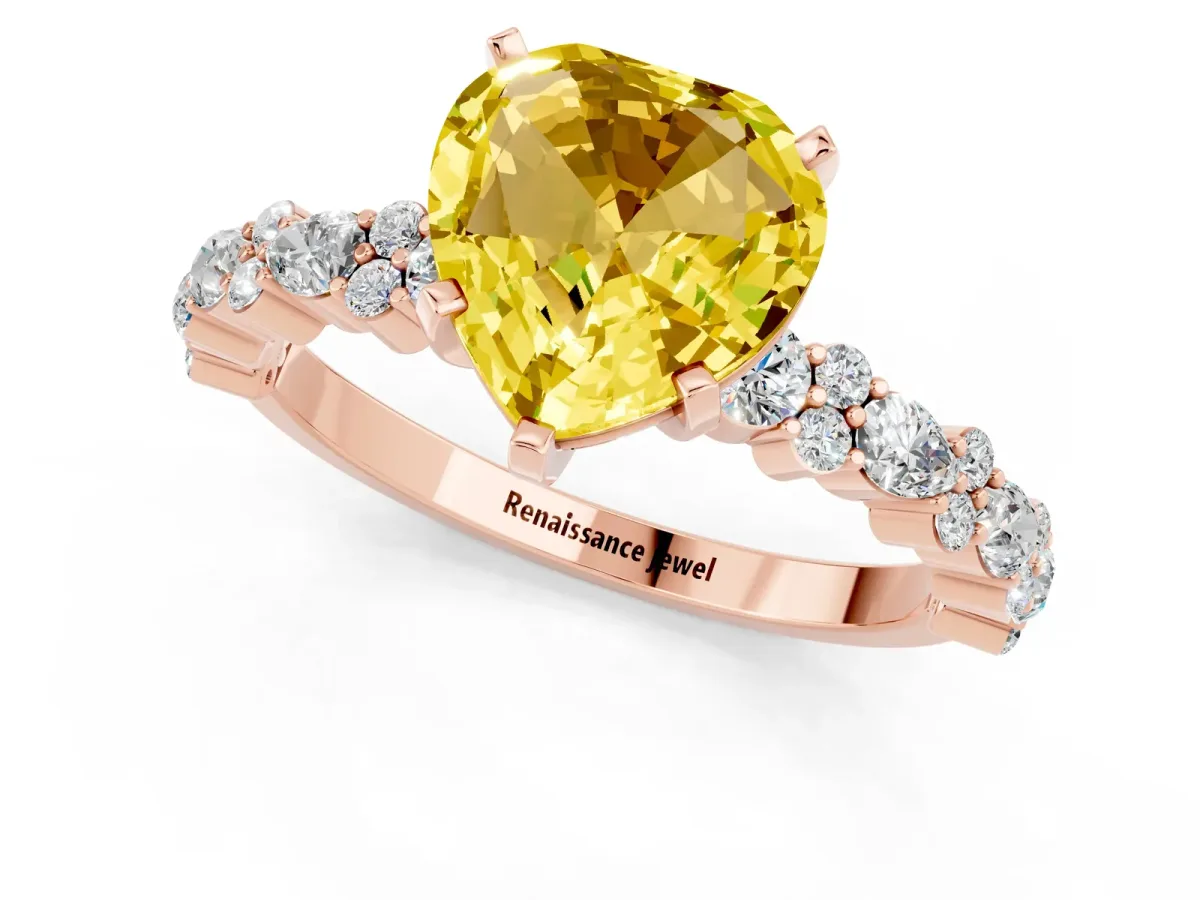 Heart Cut Yellow Sapphire Side Stone Solitaire Ring with Round and Four-Prong Setting Rose gold