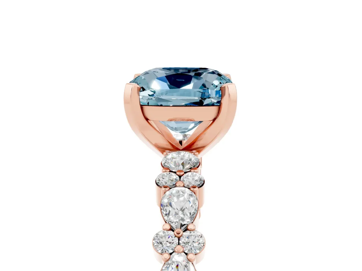 Cushion Cut Aquamarine Side Stone Solitaire Ring with Round and Four-Prong Setting Rose gold