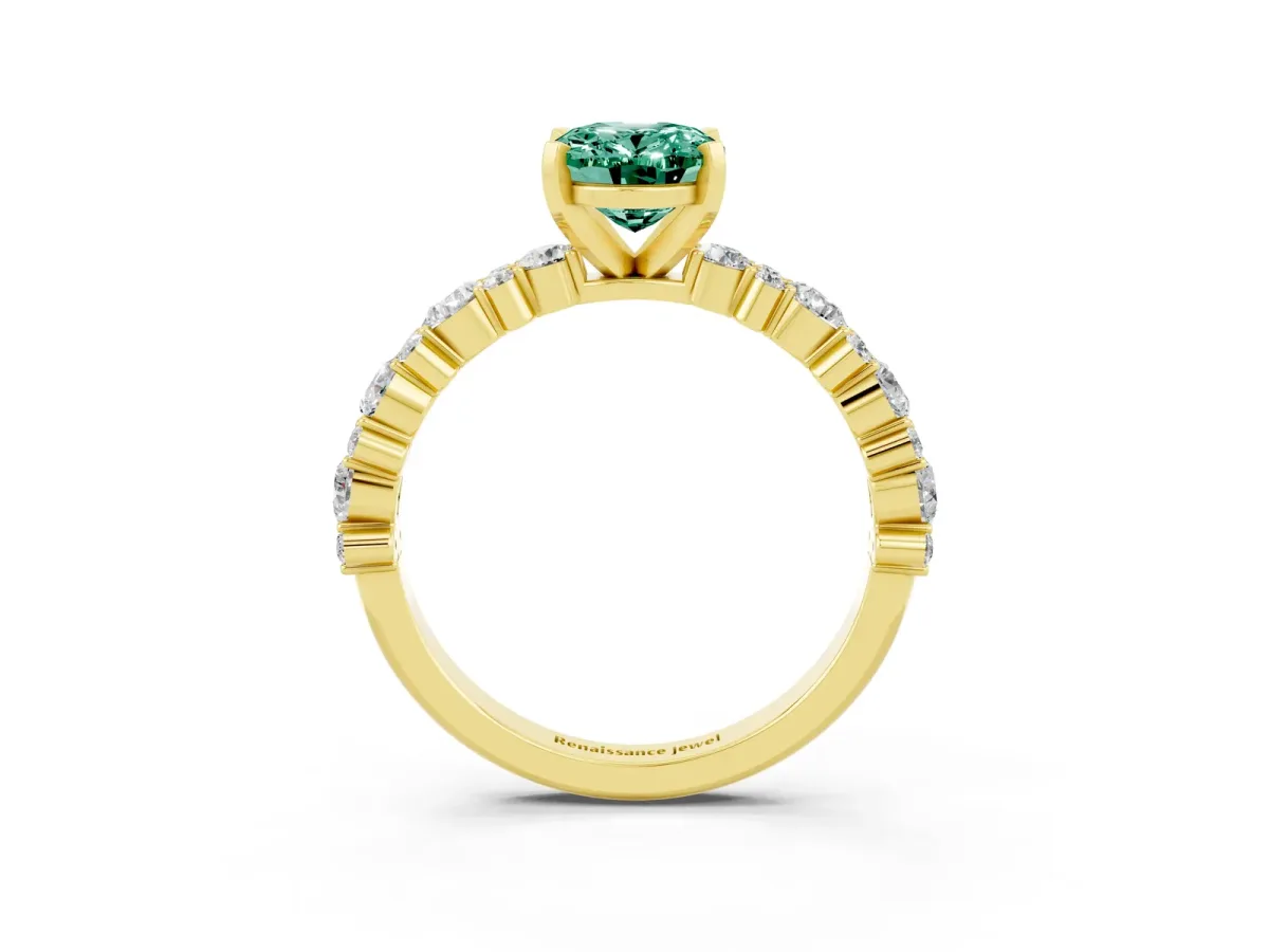 Oval Cut Green Sapphire Side Stone Solitaire Ring with Round and Four-Prong Setting Yellow gold