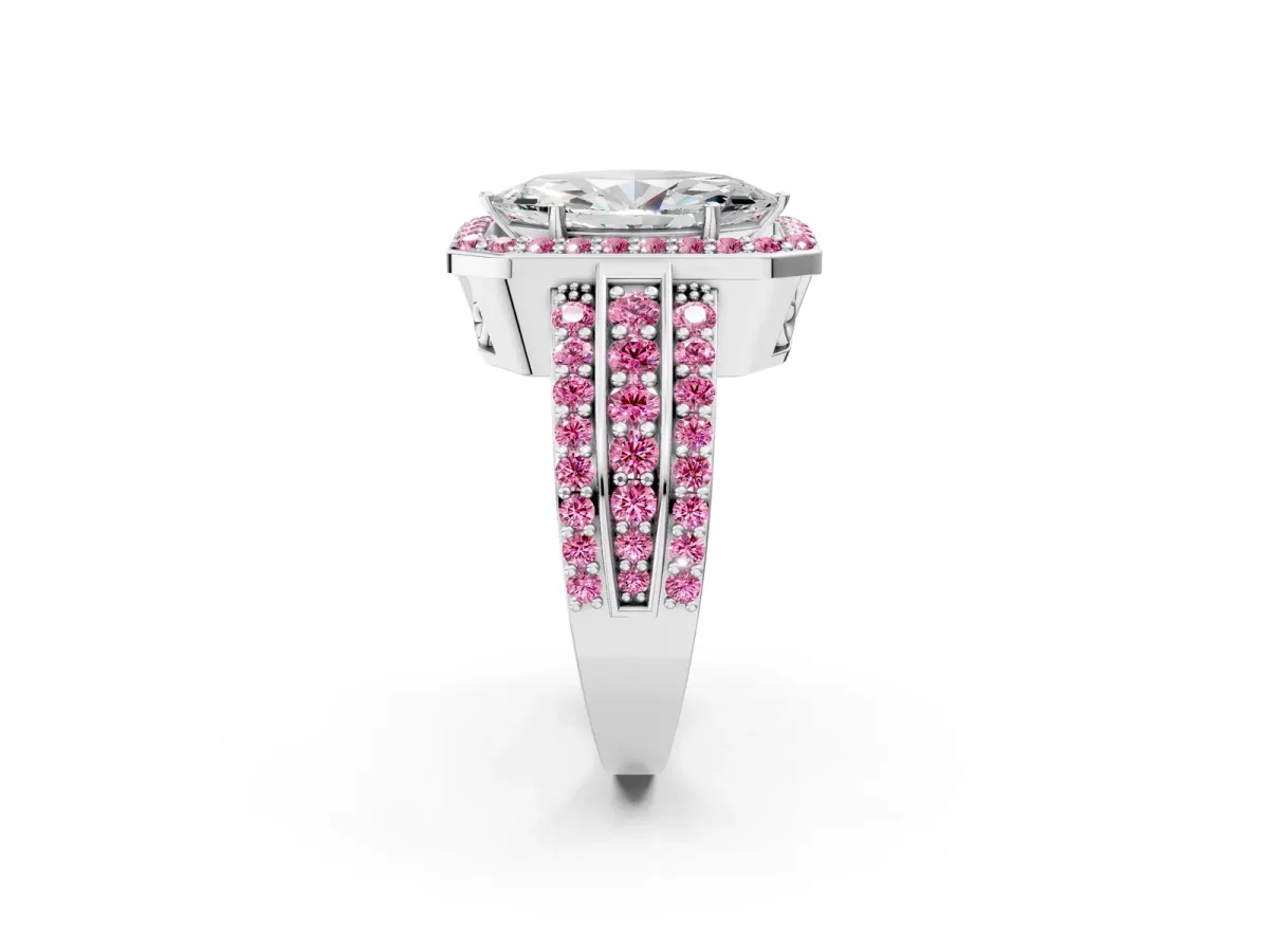 Marquise Cut Halo Diamond Ring with Round Pink Sapphire Split Shank and Prong Setting Platinum
