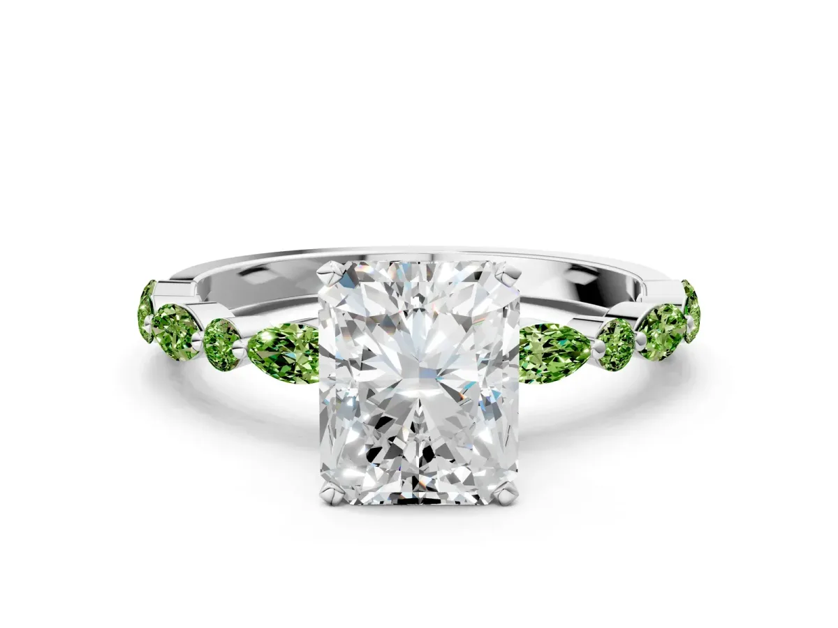 Radiant Cut Diamond Ring with Marquise and Round Peridot Side Stones and Four-Prong Setting Silver