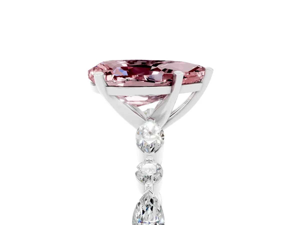 Pear Cut Morganite Ring with Marquise and Round Side Stones and Four-Prong Setting White gold