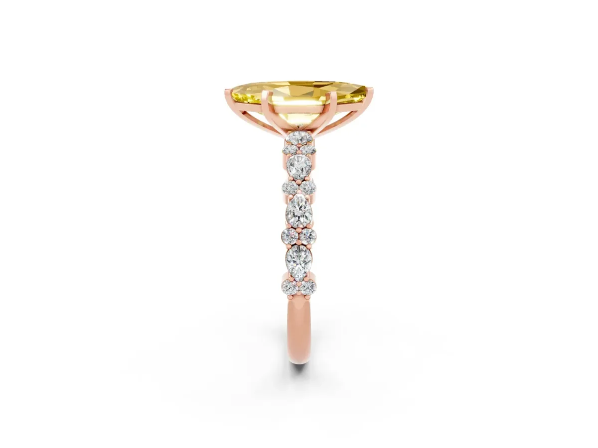 Marquise Cut Yellow Sapphire Side Stone Solitaire Ring with Round and Four-Prong Setting Rose gold