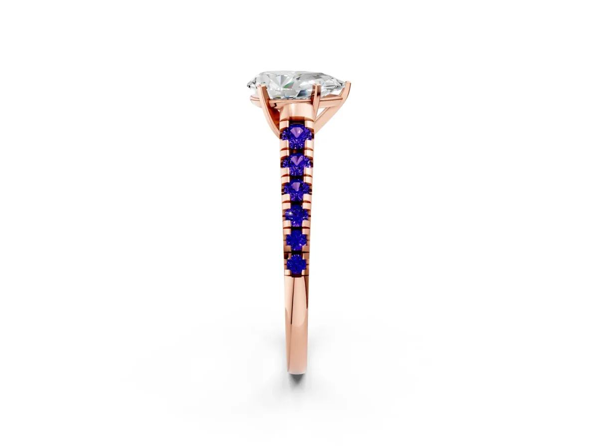 Pear Cut Diamond Cathedral Solitaire Ring with Round Tanzanite Pavé Band Rose gold