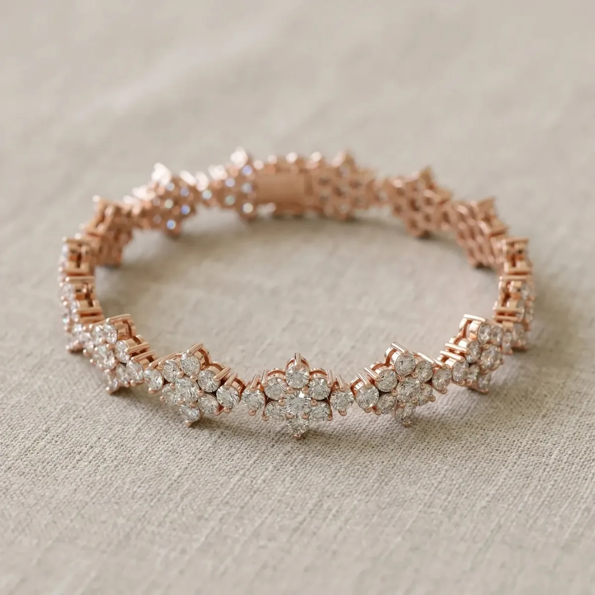 Round Diamond Floral Cluster Tennis Bracelet with Prong Setting Rose gold