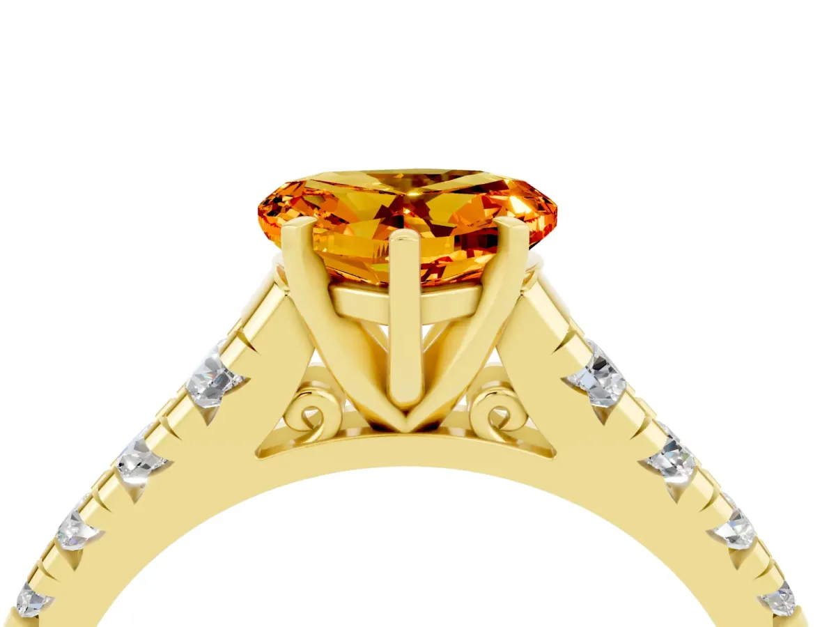 Heart Cut Citrine Cathedral Solitaire Ring with Round Pavé Band Yellow gold