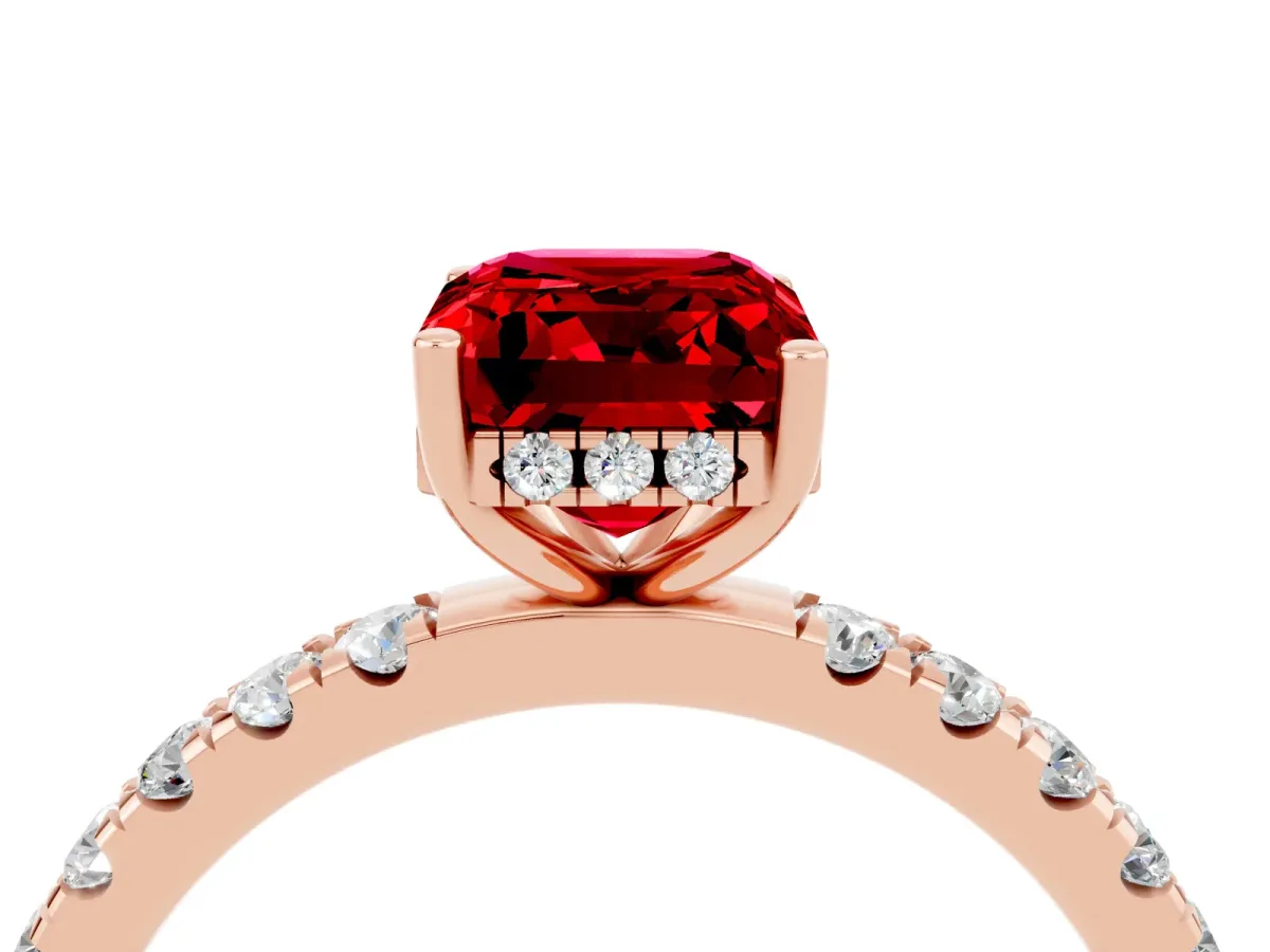 Emerald Cut Ruby Pave Band Solitaire Ring with Round and Prong Setting Rose gold