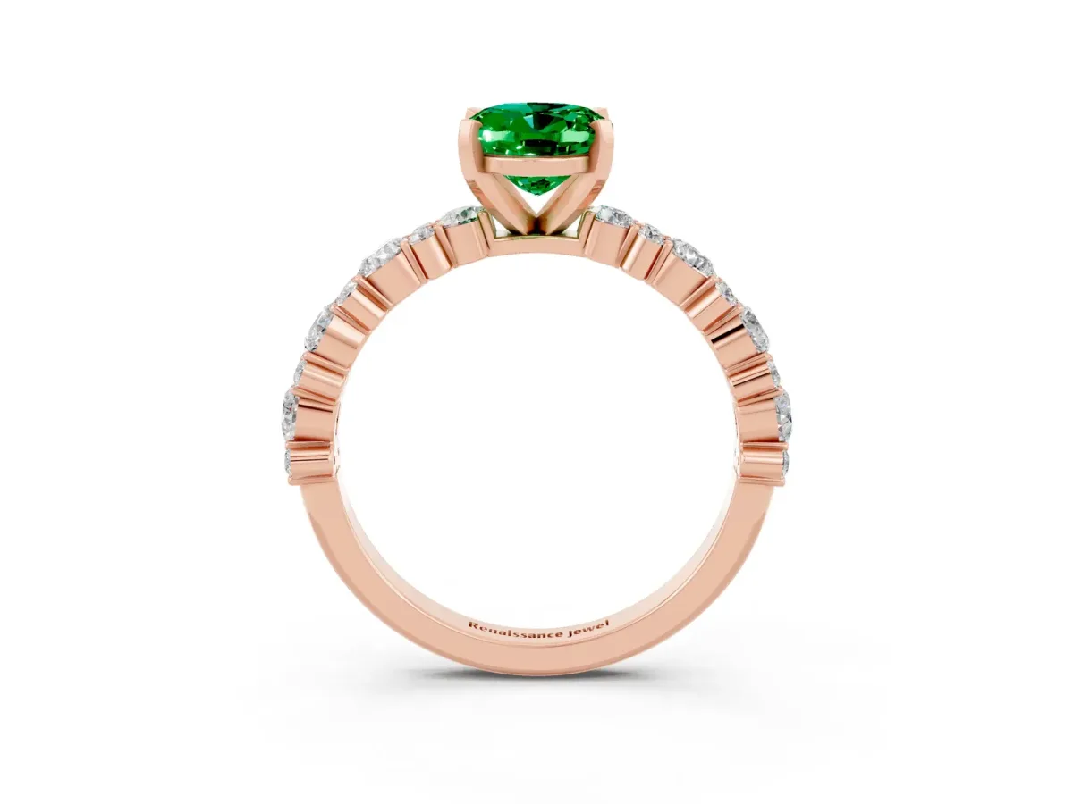 Oval Cut Emerald Side Stone Solitaire Ring with Round and Four-Prong Setting Rose gold