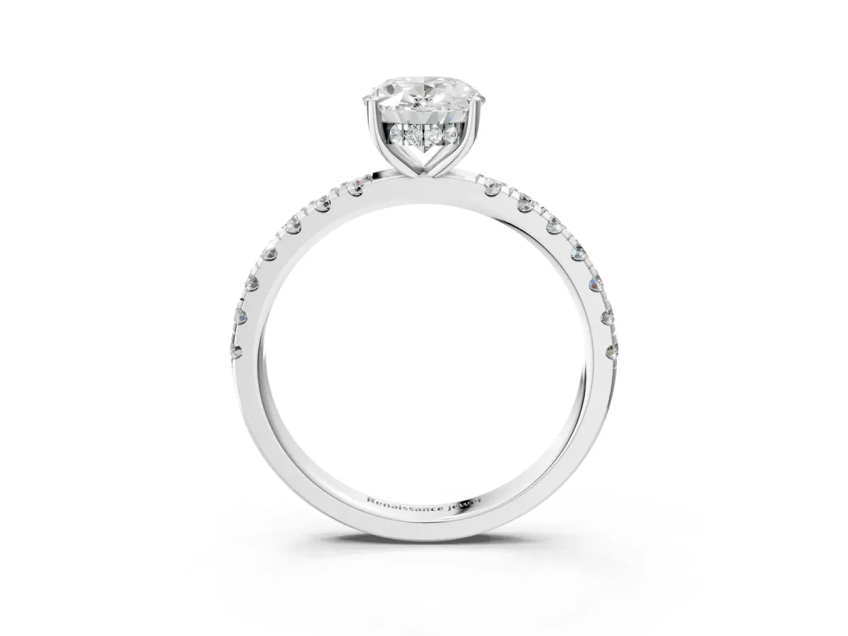 Oval Cut Diamond Pave Band Solitaire Ring with Round Moissanite and Prong Setting Silver