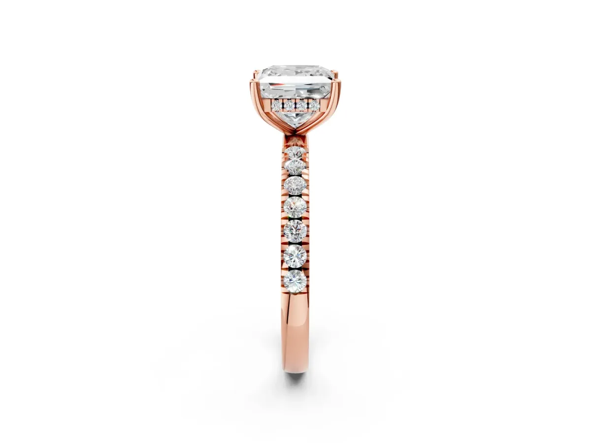 Princess Cut Diamond Pave Band Solitaire Ring with Round and Prong Setting Rose gold